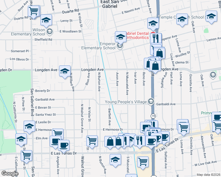 map of restaurants, bars, coffee shops, grocery stores, and more near 6203 Avon Avenue in San Gabriel