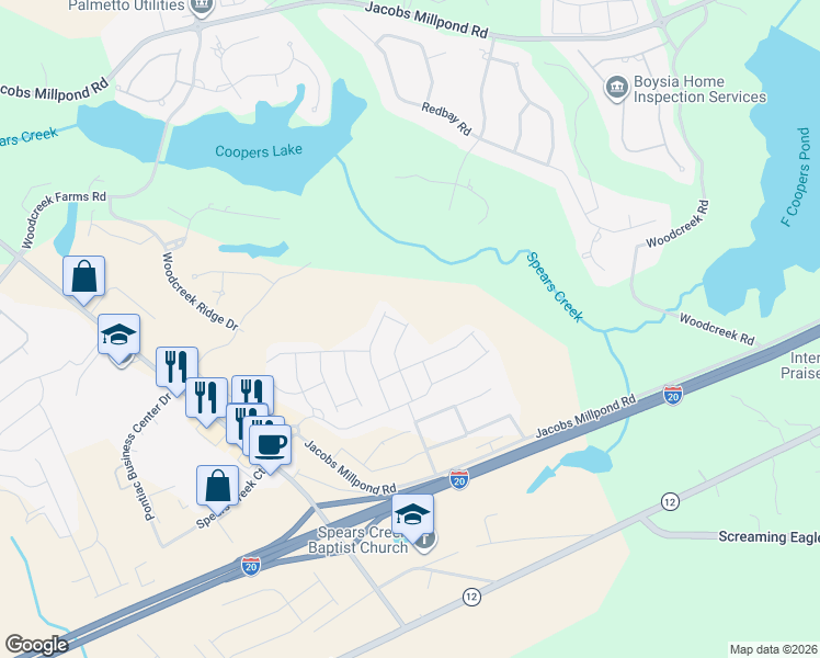 map of restaurants, bars, coffee shops, grocery stores, and more near 751 Spears Creek Ch Road in Elgin