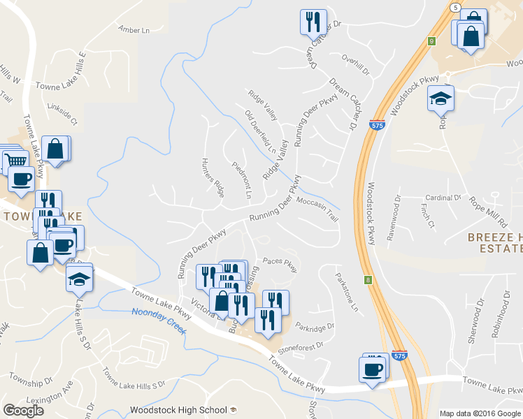 map of restaurants, bars, coffee shops, grocery stores, and more near 8018 Ridge Valley in Woodstock