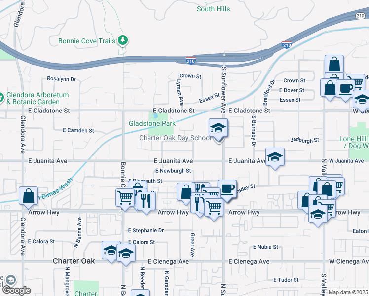 map of restaurants, bars, coffee shops, grocery stores, and more near 731 East Renwick Road in Glendora