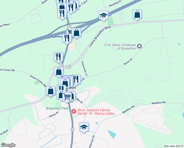 map of restaurants, bars, coffee shops, grocery stores, and more near 9656 Davis Street in Braselton
