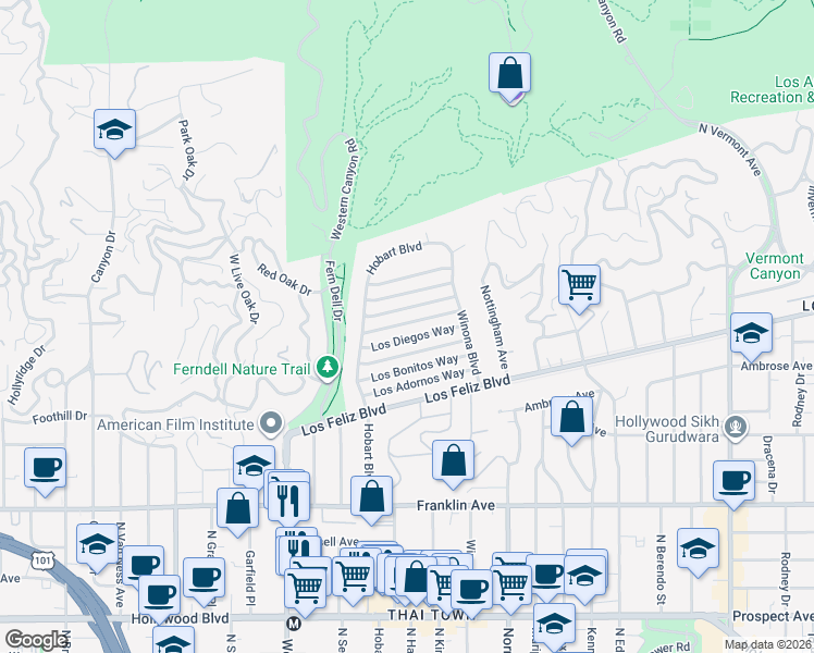 map of restaurants, bars, coffee shops, grocery stores, and more near 5250 Los Franciscos Way in Los Angeles