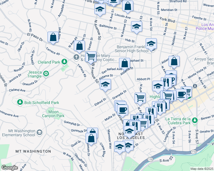 map of restaurants, bars, coffee shops, grocery stores, and more near 5037 Montezuma Street in Los Angeles