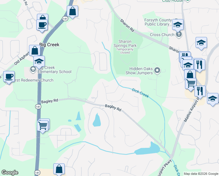 map of restaurants, bars, coffee shops, grocery stores, and more near 2320 Stonevalley Court in Cumming
