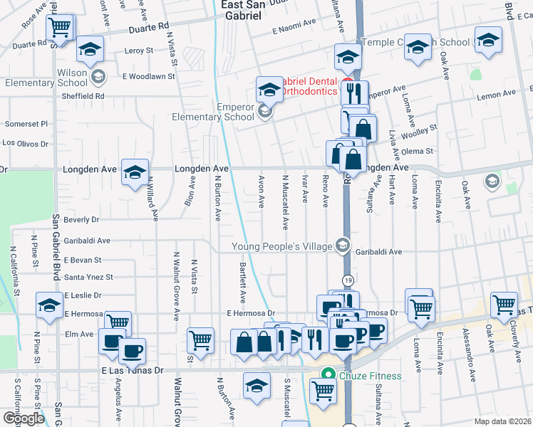 map of restaurants, bars, coffee shops, grocery stores, and more near 6168 Avon Avenue in San Gabriel
