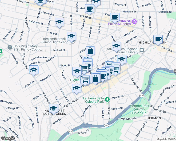 map of restaurants, bars, coffee shops, grocery stores, and more near 5531 Monte Vista Street in Los Angeles