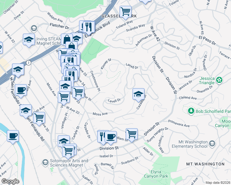 map of restaurants, bars, coffee shops, grocery stores, and more near 3633 Lavell Drive in Los Angeles