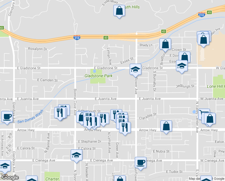 map of restaurants, bars, coffee shops, grocery stores, and more near 731 East Renwick Road in Glendora