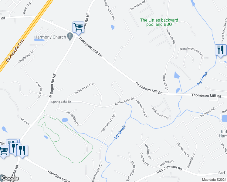 map of restaurants, bars, coffee shops, grocery stores, and more near 4263 Creekrun Circle in Buford
