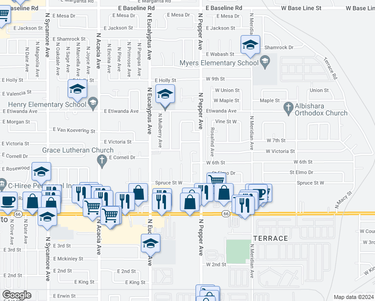 map of restaurants, bars, coffee shops, grocery stores, and more near 632 North Birch Avenue in Rialto