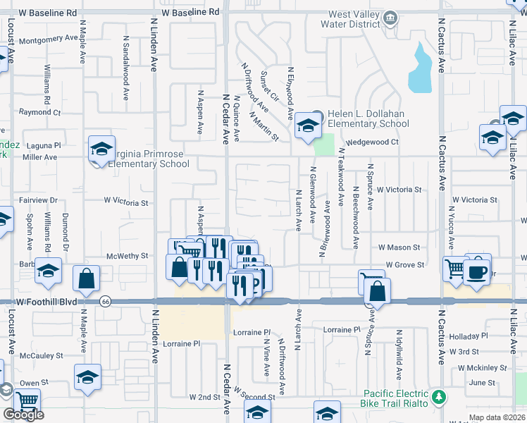 map of restaurants, bars, coffee shops, grocery stores, and more near 1199 West Victoria Street in Rialto