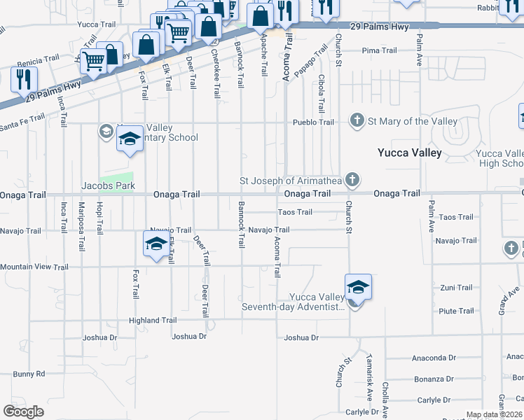 map of restaurants, bars, coffee shops, grocery stores, and more near 56026 Taos Trail in Yucca Valley