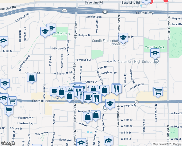 map of restaurants, bars, coffee shops, grocery stores, and more near 955 Kent Drive in Claremont
