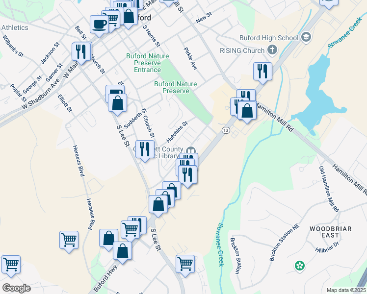 map of restaurants, bars, coffee shops, grocery stores, and more near 4905 Sterling Close in Buford