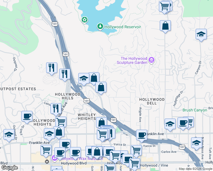 map of restaurants, bars, coffee shops, grocery stores, and more near 2244 Holly Drive in Los Angeles