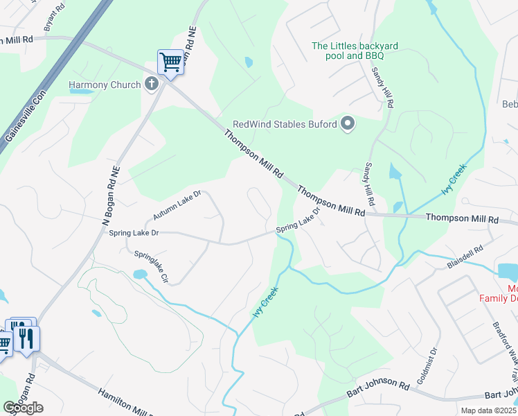 map of restaurants, bars, coffee shops, grocery stores, and more near 4272 Creekrun Circle in Buford