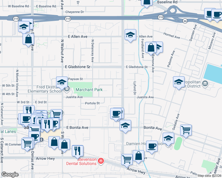 map of restaurants, bars, coffee shops, grocery stores, and more near 433 North Shaftesbury Avenue in San Dimas