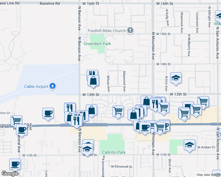map of restaurants, bars, coffee shops, grocery stores, and more near 1432 Purdue Street in Upland