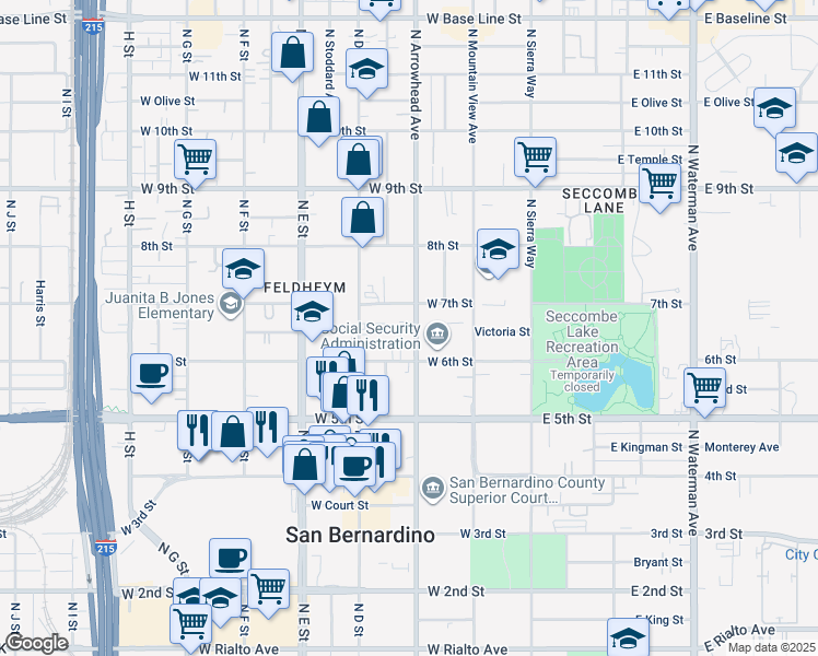 map of restaurants, bars, coffee shops, grocery stores, and more near 665 North Arrowhead Avenue in San Bernardino