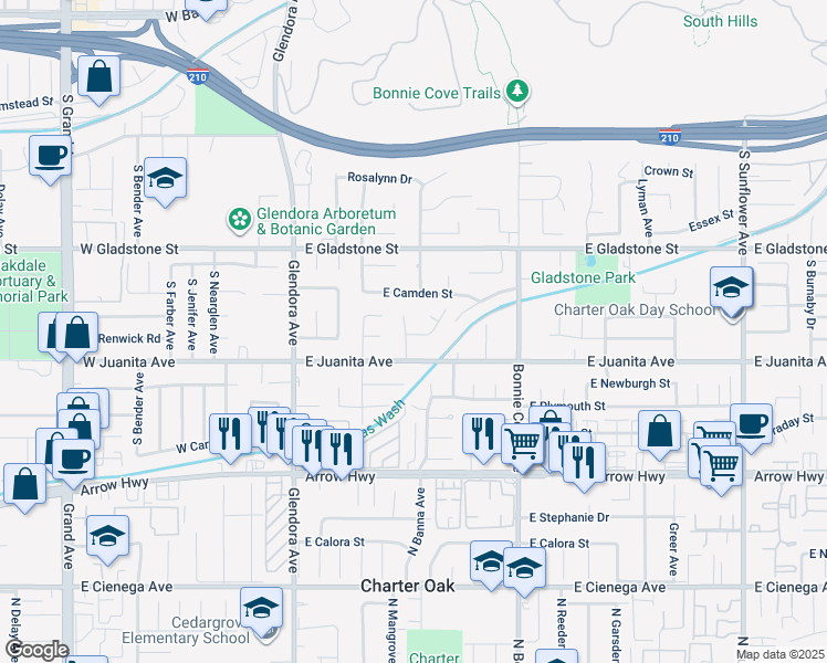 map of restaurants, bars, coffee shops, grocery stores, and more near 319 East Newhaven Lane in Glendora