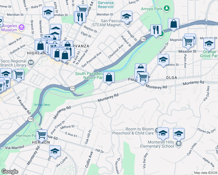 map of restaurants, bars, coffee shops, grocery stores, and more near 1010 Sycamore Avenue in South Pasadena
