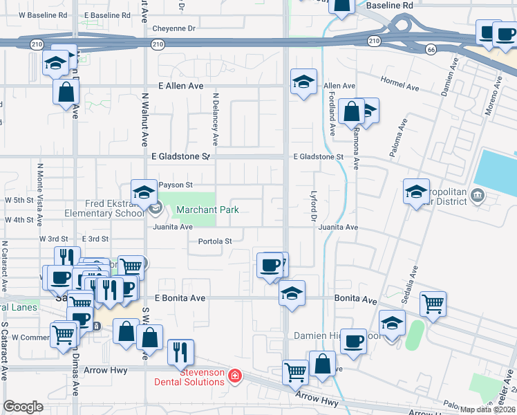 map of restaurants, bars, coffee shops, grocery stores, and more near 433 North Shaftesbury Avenue in San Dimas