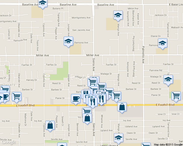 map of restaurants, bars, coffee shops, grocery stores, and more near 7844 Sierra Avenue in Fontana