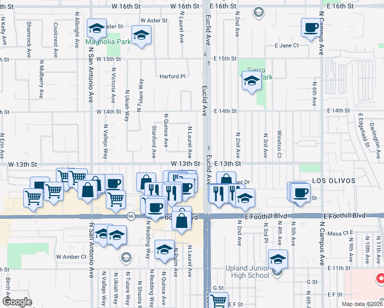 map of restaurants, bars, coffee shops, grocery stores, and more near 1318 North Laurel Avenue in Upland