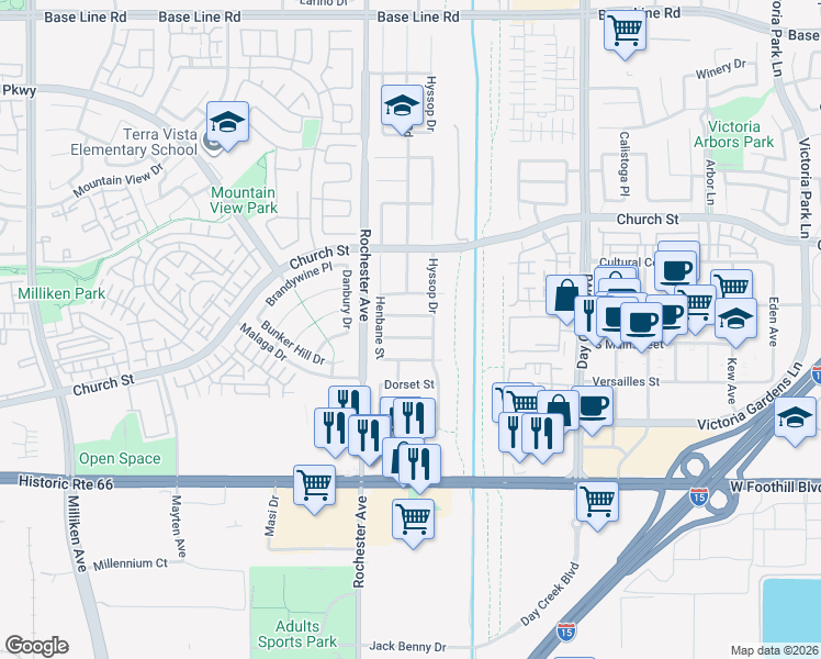 map of restaurants, bars, coffee shops, grocery stores, and more near 12015 Ashford Street in Rancho Cucamonga