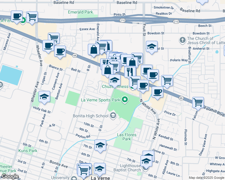 map of restaurants, bars, coffee shops, grocery stores, and more near in La Verne