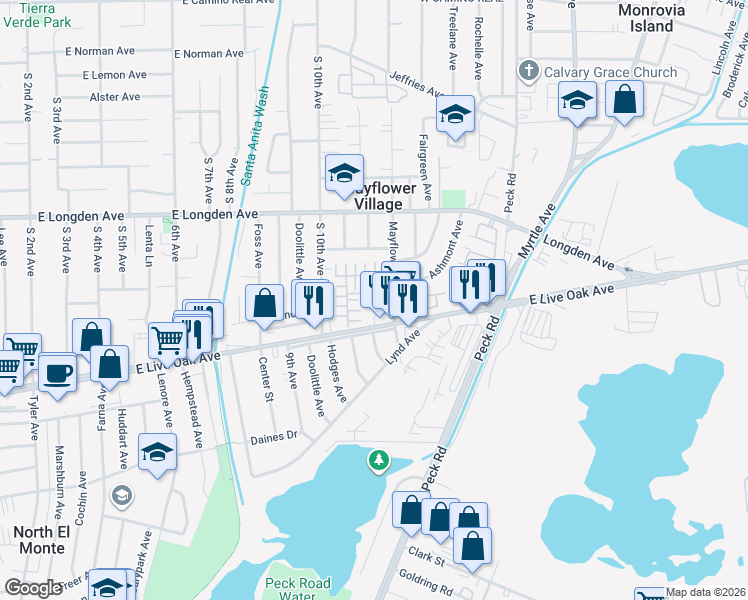 map of restaurants, bars, coffee shops, grocery stores, and more near 4241 Live Oak Avenue in Arcadia
