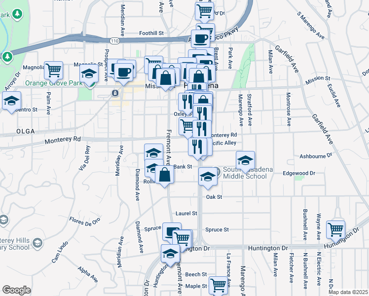 map of restaurants, bars, coffee shops, grocery stores, and more near 1422 Lyndon Street in South Pasadena