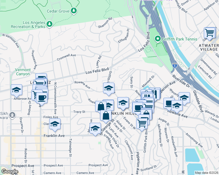 map of restaurants, bars, coffee shops, grocery stores, and more near 3207 Griffith Park Boulevard in Los Angeles