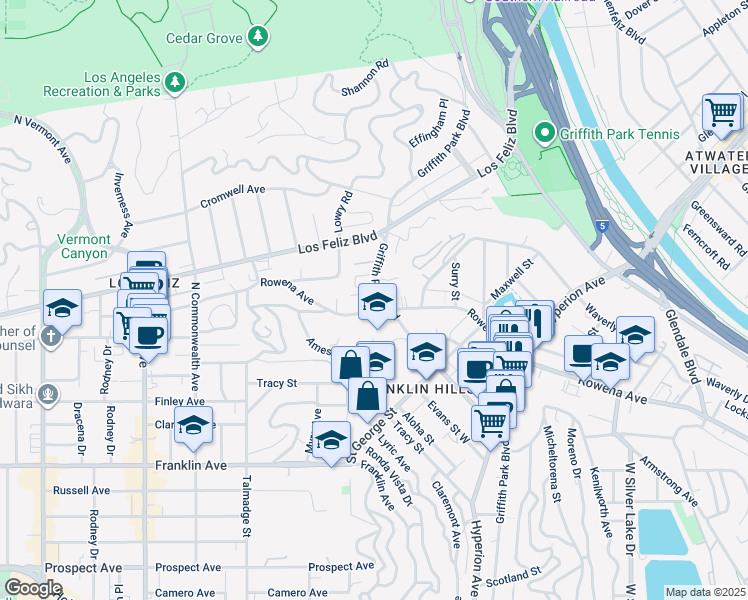 map of restaurants, bars, coffee shops, grocery stores, and more near 3355 Wood Terrace in Los Angeles