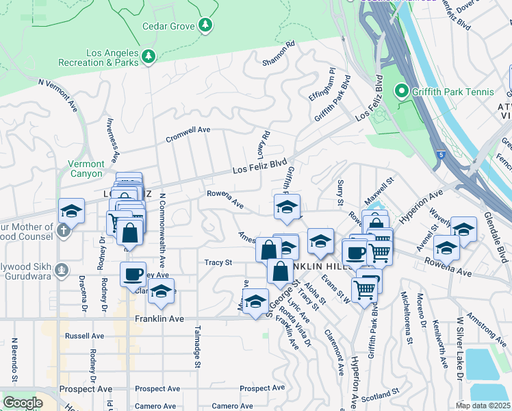 map of restaurants, bars, coffee shops, grocery stores, and more near 3379 Rowena Avenue in Los Angeles