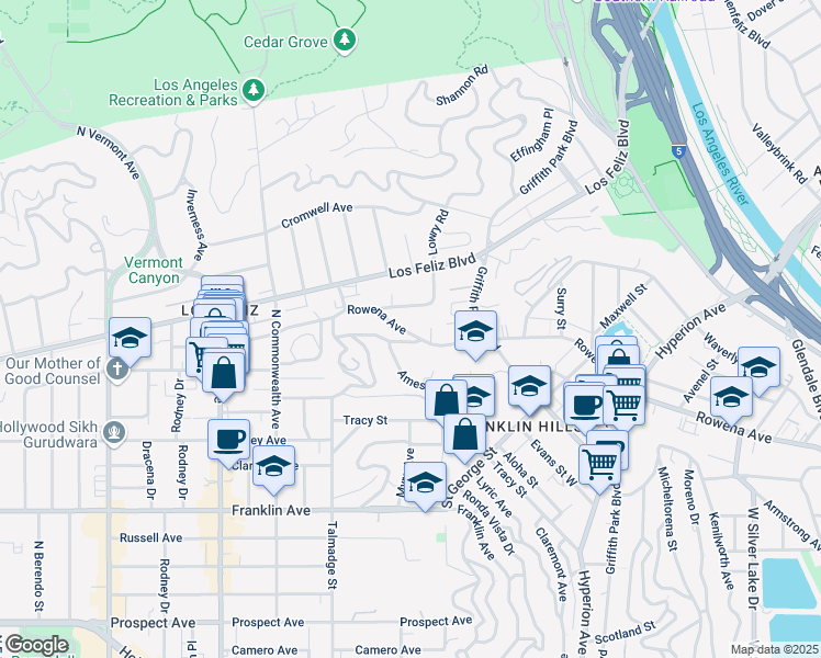 map of restaurants, bars, coffee shops, grocery stores, and more near 3379 Rowena Avenue in Los Angeles