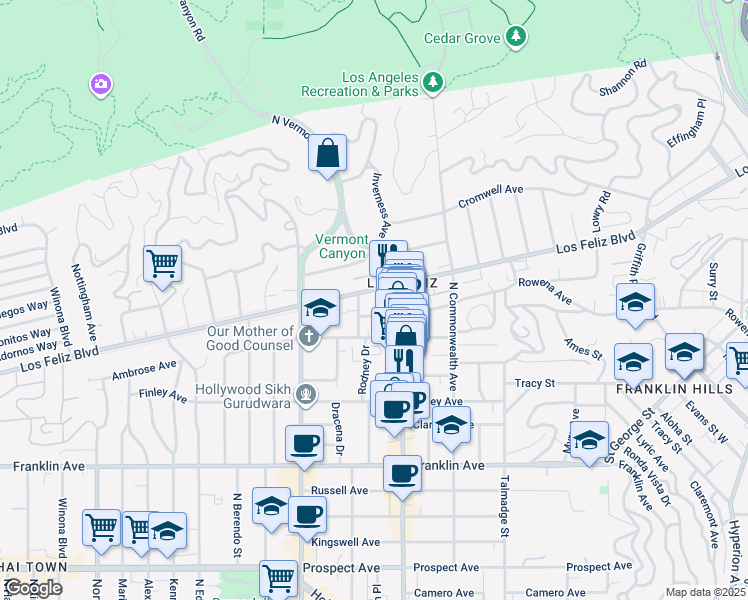 map of restaurants, bars, coffee shops, grocery stores, and more near 4528 Los Feliz Boulevard in Los Angeles