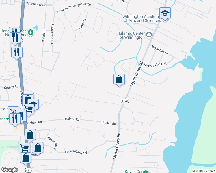 map of restaurants, bars, coffee shops, grocery stores, and more near 6708 Myrtle Grove Road in Wilmington