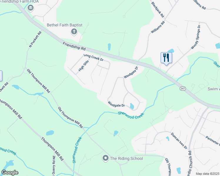 map of restaurants, bars, coffee shops, grocery stores, and more near 3238 Windgate Drive in Buford