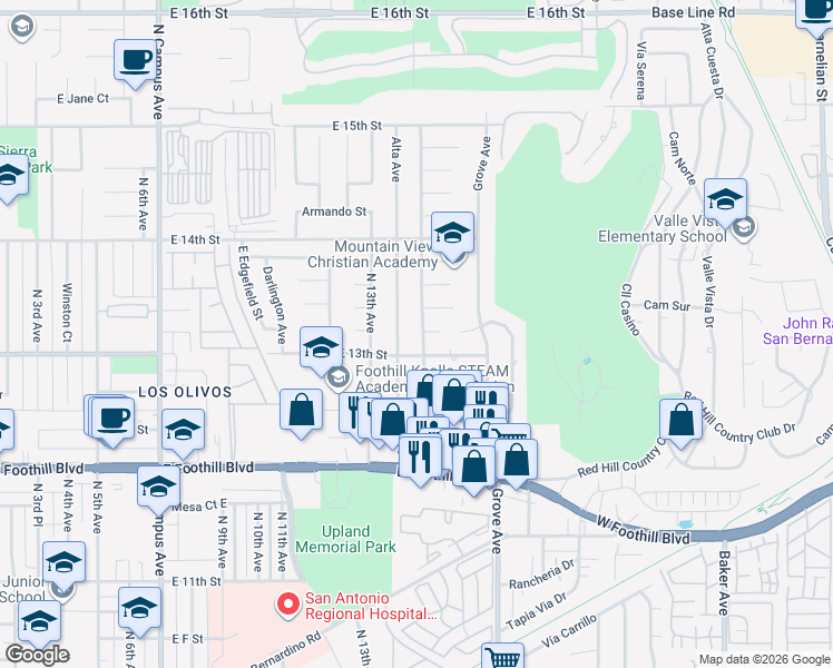 map of restaurants, bars, coffee shops, grocery stores, and more near 1317 North Monte Verde Avenue in Upland