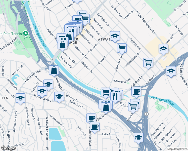 map of restaurants, bars, coffee shops, grocery stores, and more near 3222 Hollydale Drive in Los Angeles