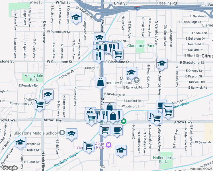 map of restaurants, bars, coffee shops, grocery stores, and more near 648 South Azusa Avenue in Azusa