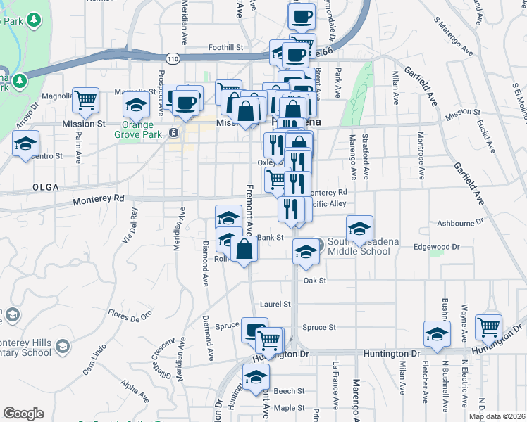 map of restaurants, bars, coffee shops, grocery stores, and more near 1416 Lyndon Street in South Pasadena
