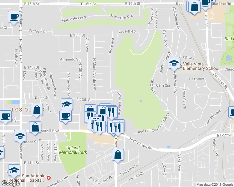 map of restaurants, bars, coffee shops, grocery stores, and more near 1321 Loma Sola Avenue in Upland