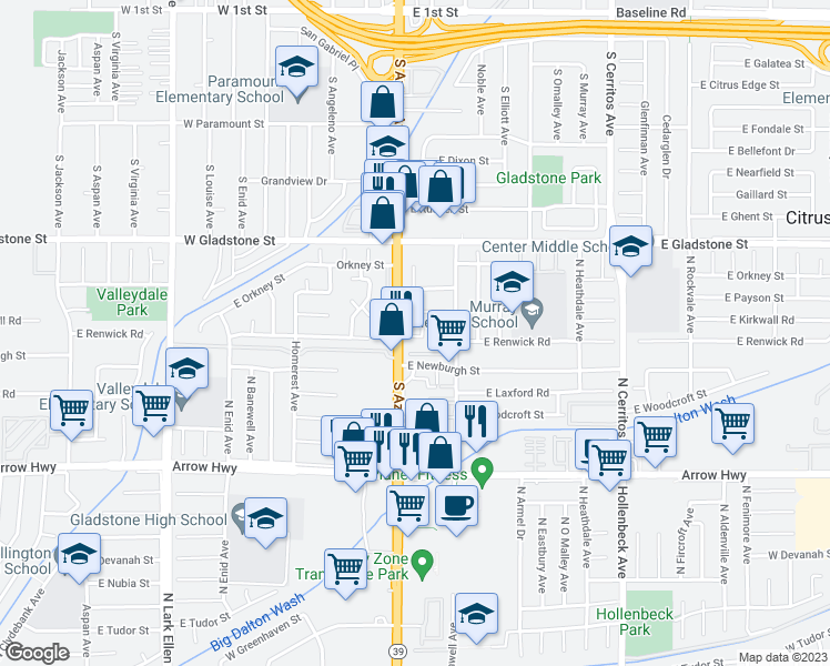 map of restaurants, bars, coffee shops, grocery stores, and more near 648 South Azusa Avenue in Azusa