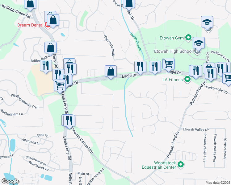map of restaurants, bars, coffee shops, grocery stores, and more near 1031 Atherton Lane in Woodstock
