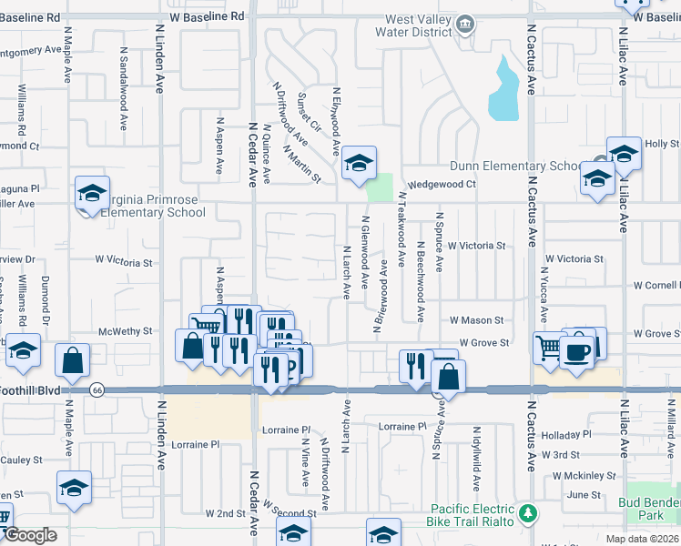 map of restaurants, bars, coffee shops, grocery stores, and more near 631 North Driftwood Avenue in Rialto