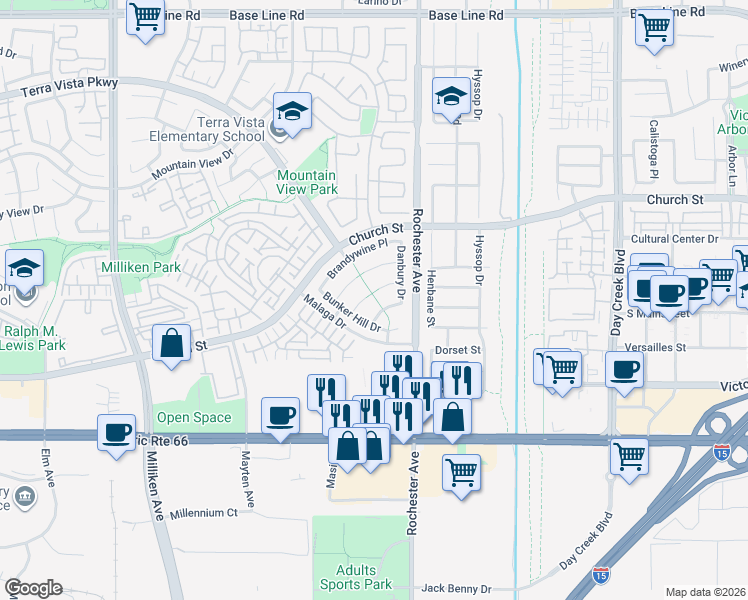 map of restaurants, bars, coffee shops, grocery stores, and more near 11805 Yorktown Court in Rancho Cucamonga