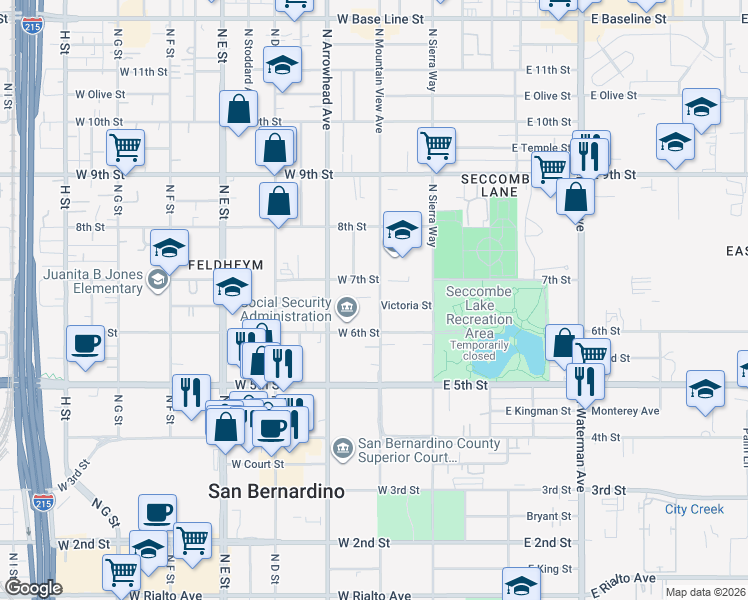 map of restaurants, bars, coffee shops, grocery stores, and more near 660 North Mountain View Avenue in San Bernardino