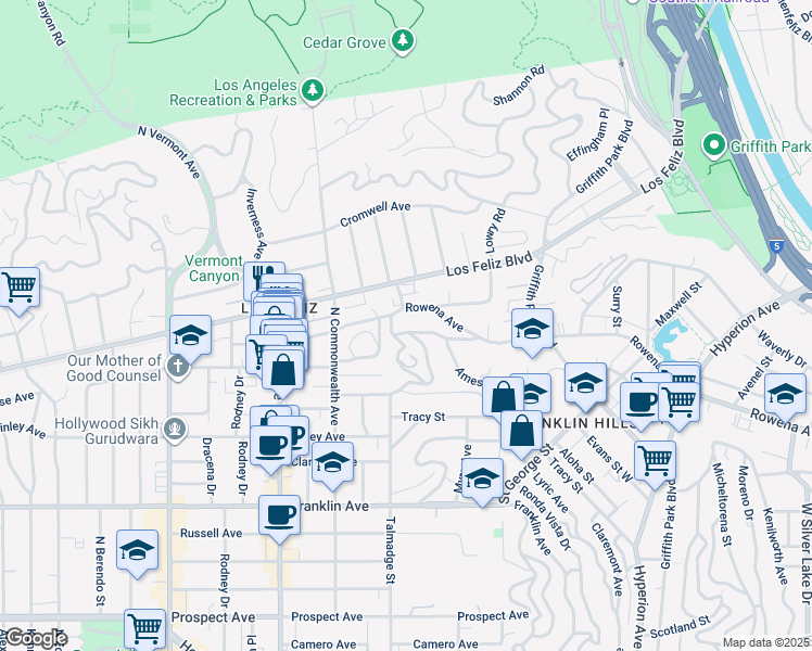 map of restaurants, bars, coffee shops, grocery stores, and more near 3477 Ben Lomond Place in Los Angeles